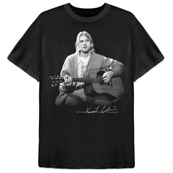 Kurt Cobain T Shirt Guitar Umpugged Live Photo signature Official Mens Black