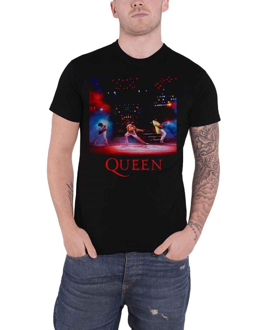 Queen T Shirt Live Shot Freddie Spotlight Band Logo Official Mens Black