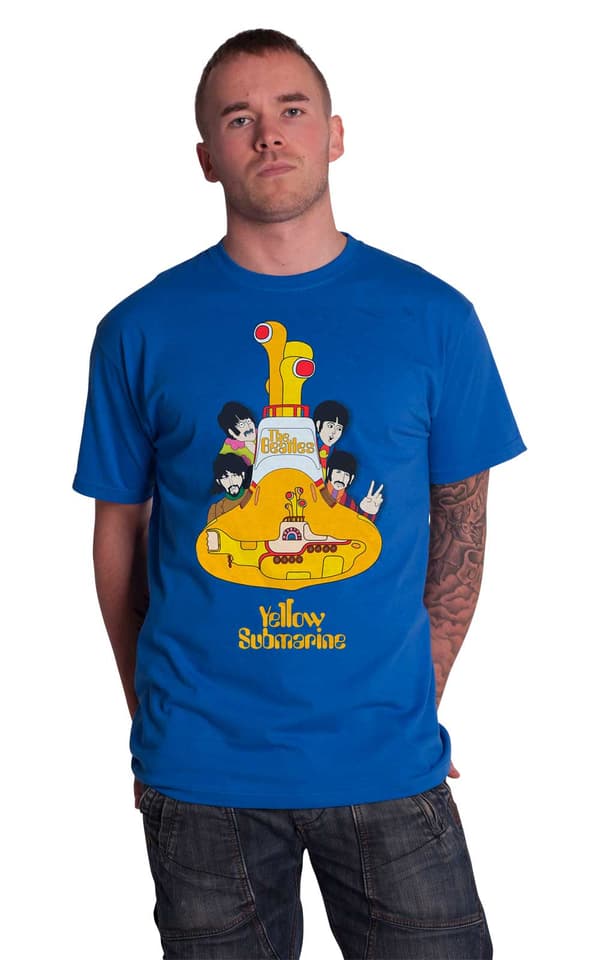 The Beatles T Shirt Yellow Submarine Band Logo Official Mens Blue