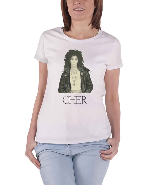 Cher T Shirt Leather Jacket Logo Official Womens Skinny Fit White