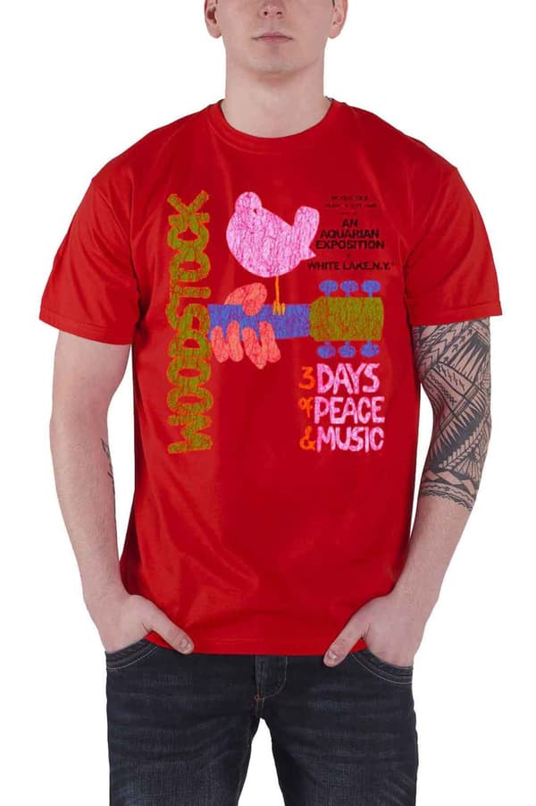 Woodstock Mens T Shirt Red Classic Vintage Distressed Poster Official