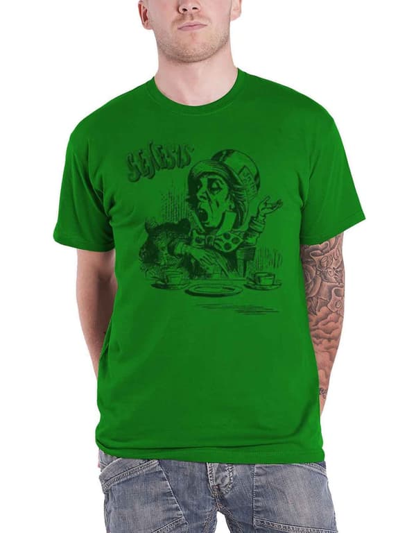 Genesis T Shirt Mad Hatter Character band Logo Official Mens Green