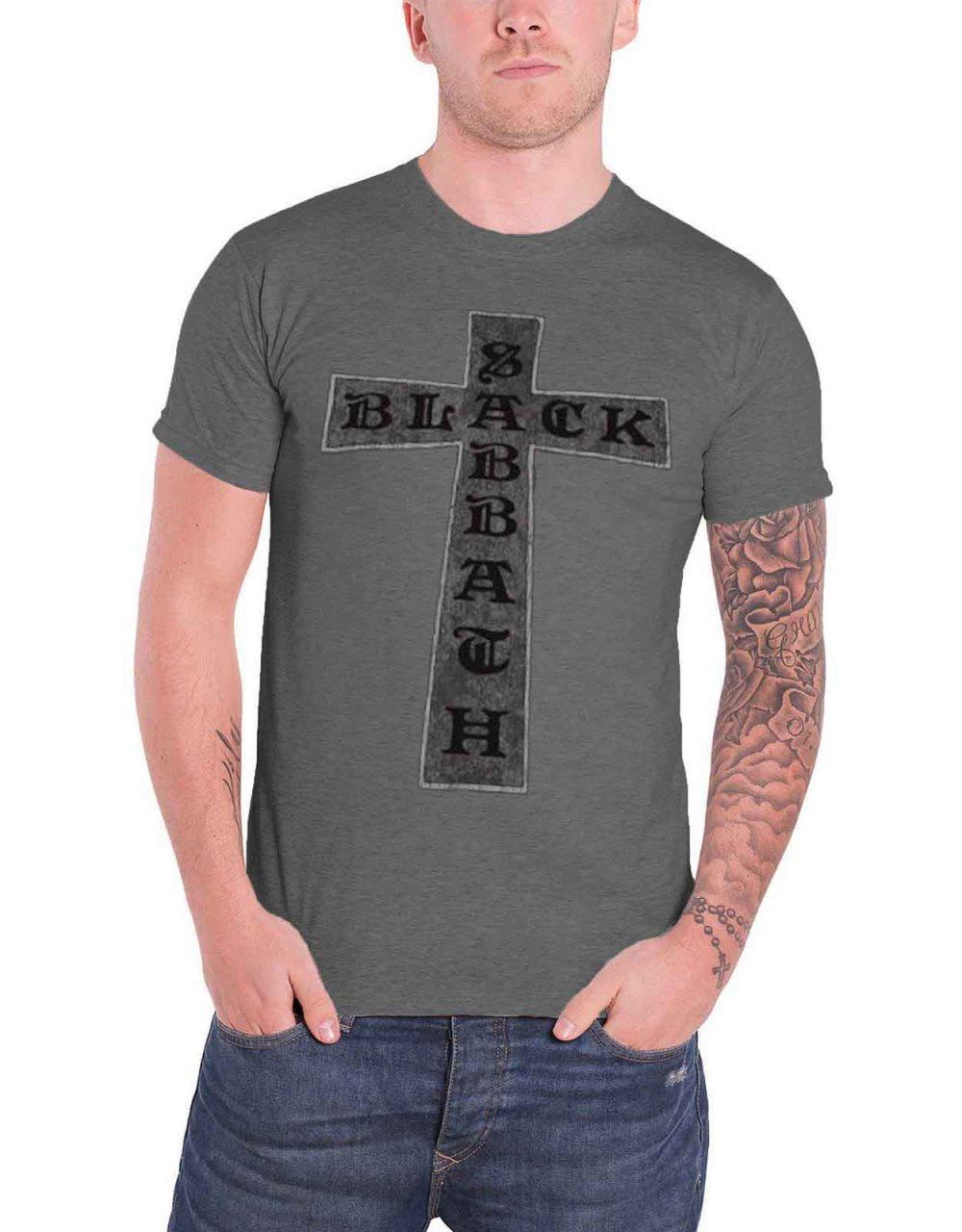 Black Sabbath T Shirt Distressed Cross band logo Official Mens Grey