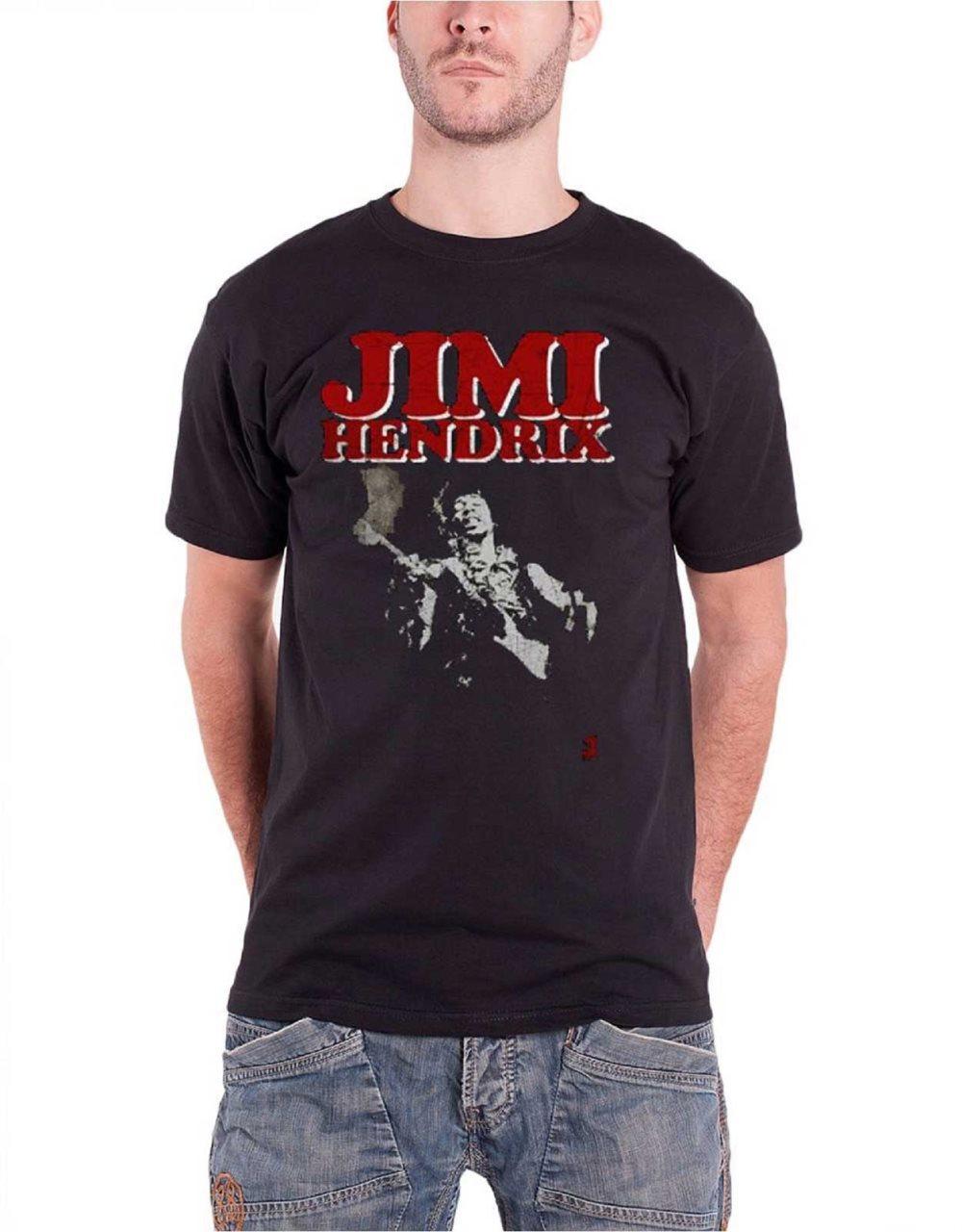 Jimi Hendrix T Shirt Block Logo Contrast Guitar Portrait Official Mens Black