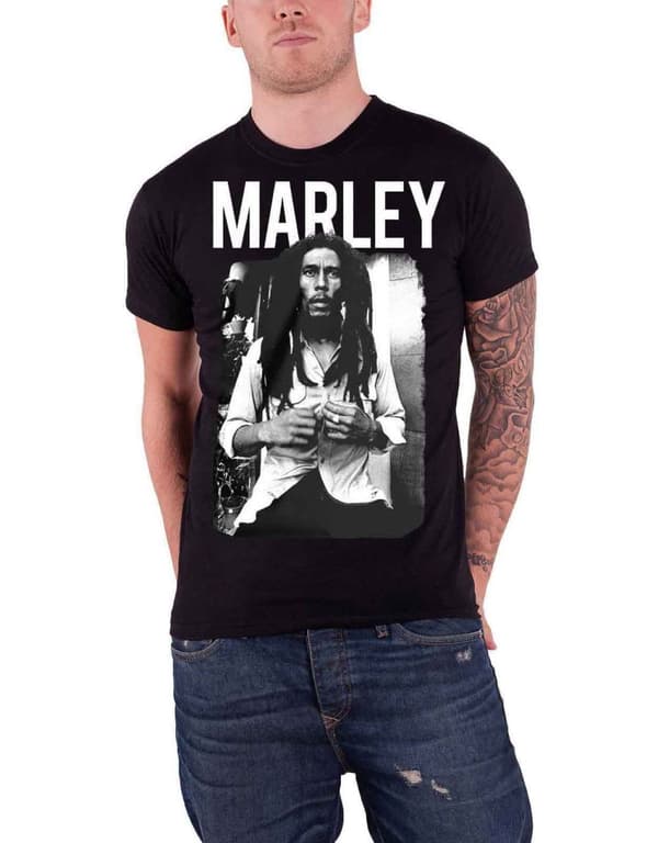Bob Marley T Shirt Black and White Rasta Photo Band Logo Official Mens Black