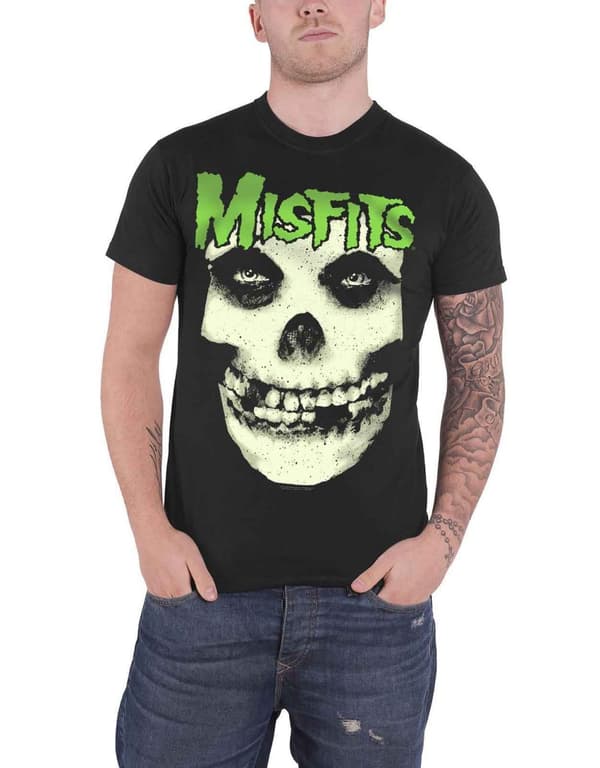 Misfits T Shirt Jarek Skull Glow in the Dark Band Logo Official Mens Black Black S