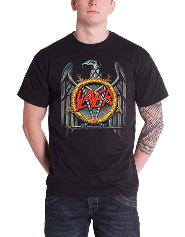 Slayer T Shirt band logo silver Eagle Crossed Swords Black Mens Official