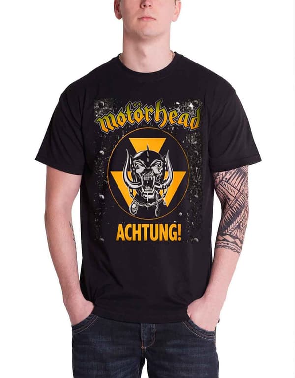 Motorhead T Shirt Achtung Warpig England band logo mens black Official Black L