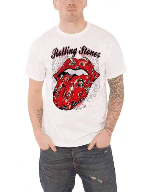 The Rolling Stones T Shirt Tattoo Flash Tongue Band Logo Official Mens White