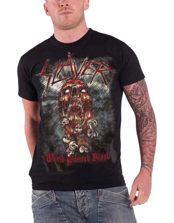 Slayer T Shirt World Painted Blood Skeleton Band Logo Official Mens Black Black M