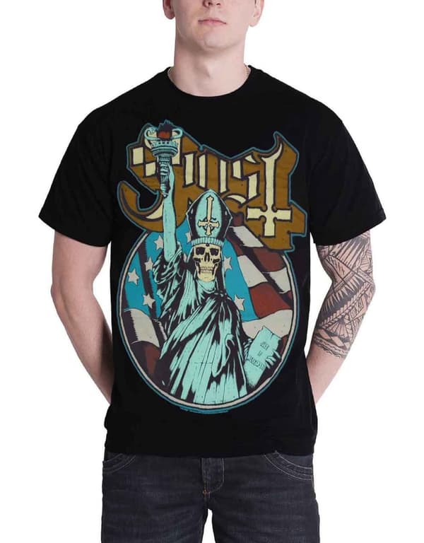 Ghost T Shirt Statue of Liberty Skulled Papa Band Logo Official Mens Black