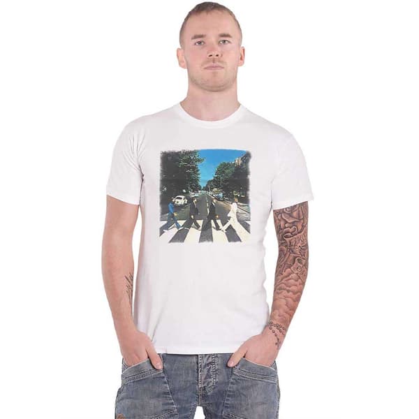 The Beatles T Shirt Abbey Road Crossing Band Logo Official Mens White