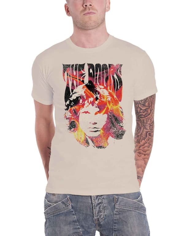 The Doors T Shirt Jim Face Fire Band Logo Official Mens Natural Natural S