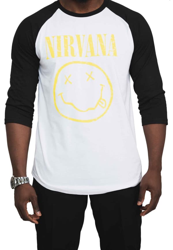Nirvana T Shirt Yellow Smile Band Logo Official Unisex White 3/4 Sleeve Raglan