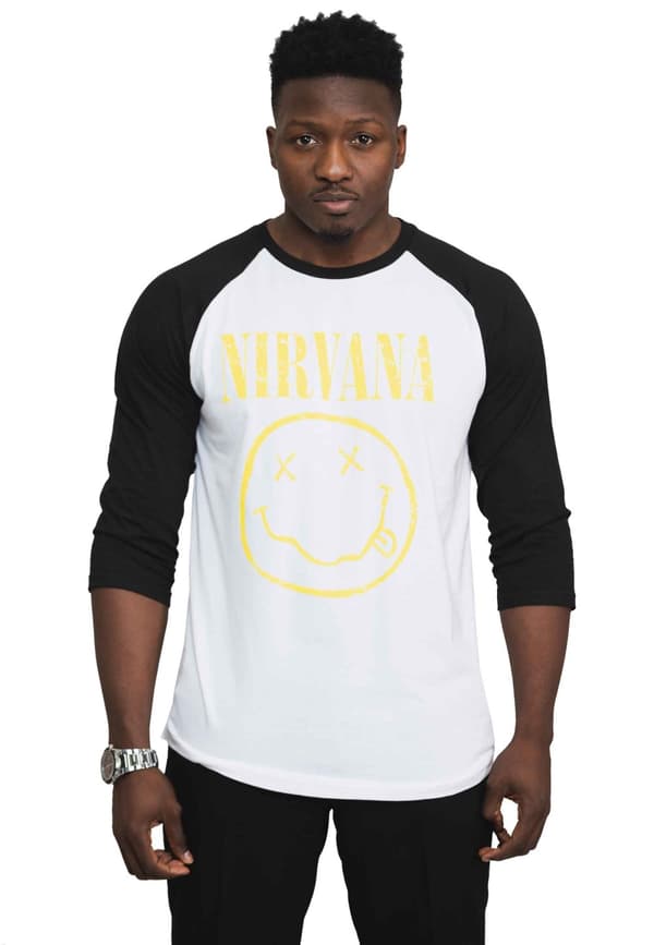 Nirvana T Shirt Yellow Smile Band Logo Official Unisex White 3/4 Sleeve Raglan White L