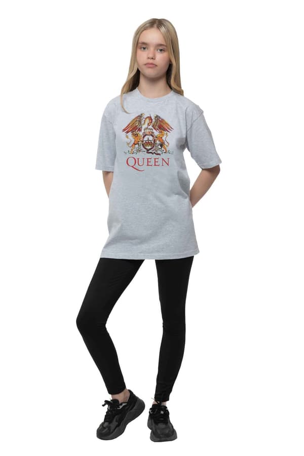 Queen Kids T Shirt Classic Crest Band Logo Official Heather Grey Ages 3-14yrs
