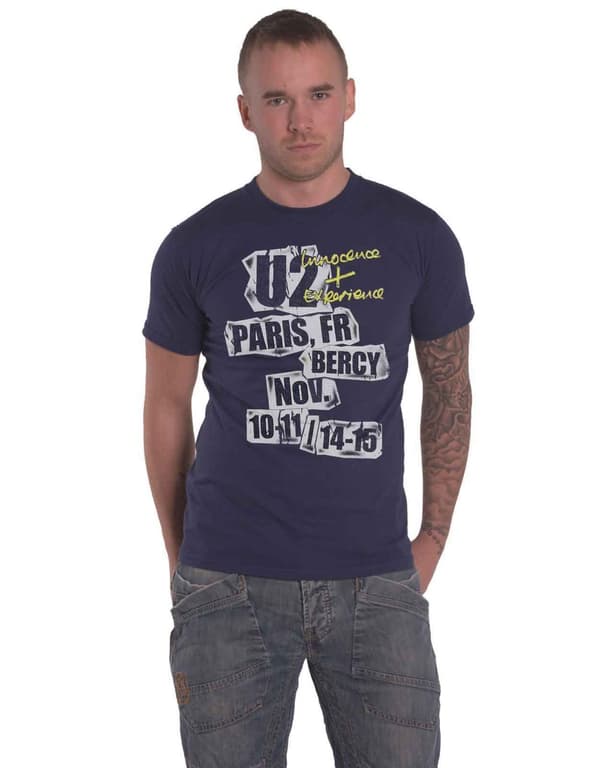 U2 T Shirt I+E Paris Event 2015 Ex Tour Official Mens Light Navy Blue