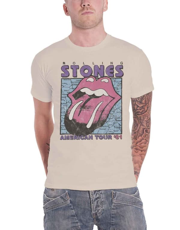 The Rolling Stones T Shirt American Tour Map Band Logo Official Mens Natural