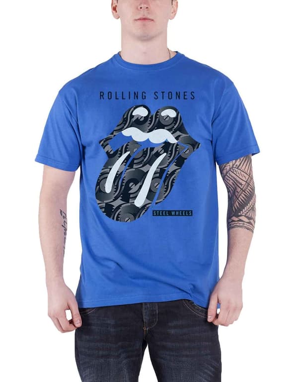 The Rolling Stones T Shirt Steel Wheels Album Tongue Logo Official Mens Blue