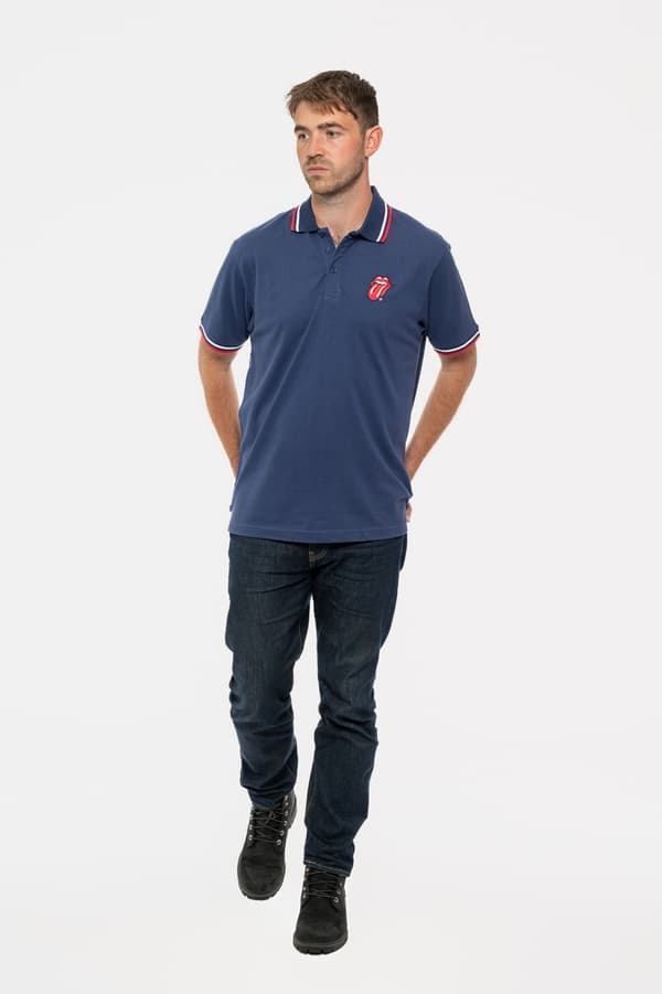 The Rolling Stones Polo Shirt Classic Tongue Band Logo Official Mens Navy Blue