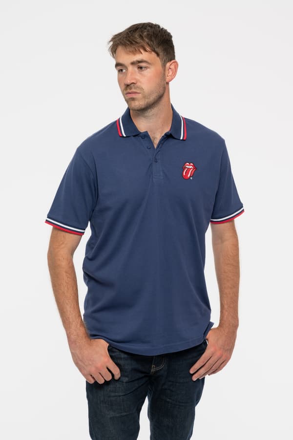 The Rolling Stones Polo Shirt Classic Tongue Band Logo Official Mens Navy Blue