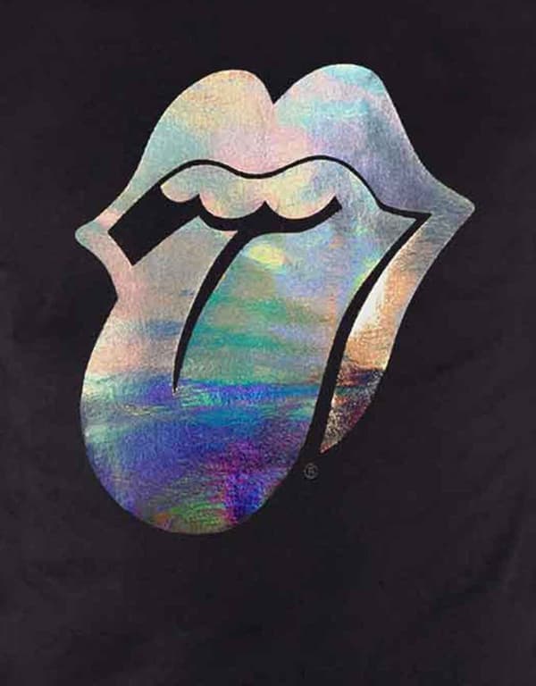 The Rolling Stones T Shirt Holo Foil Tongue band logo Official Mens Black