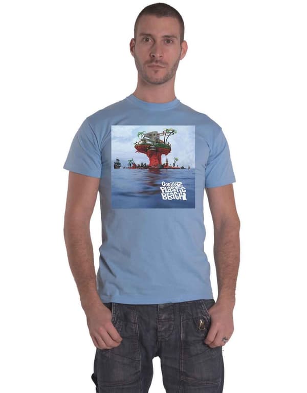 Gorillaz T Shirt Plastic Beach Band Logo Official Mens Light Blue