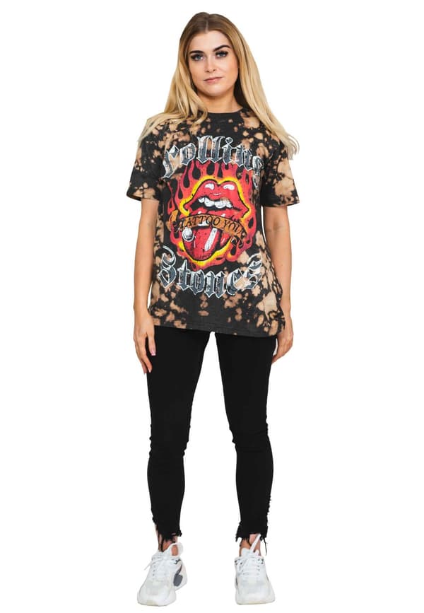 The Rolling Stones T Shirt Tattoo Flames Logo Official Dip Dye Grey Unisex