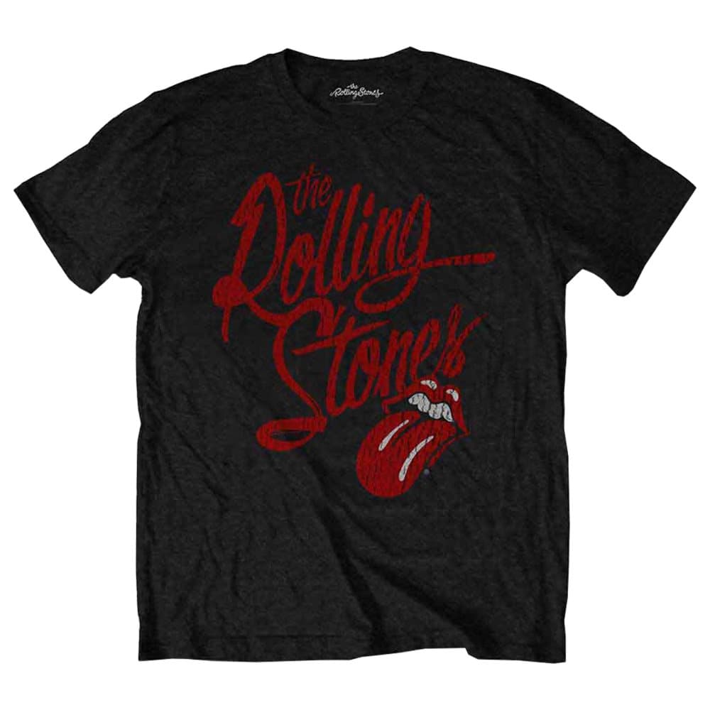 The Rolling Stones T Shirt Script Logo Tongue distressed Official Mens Black