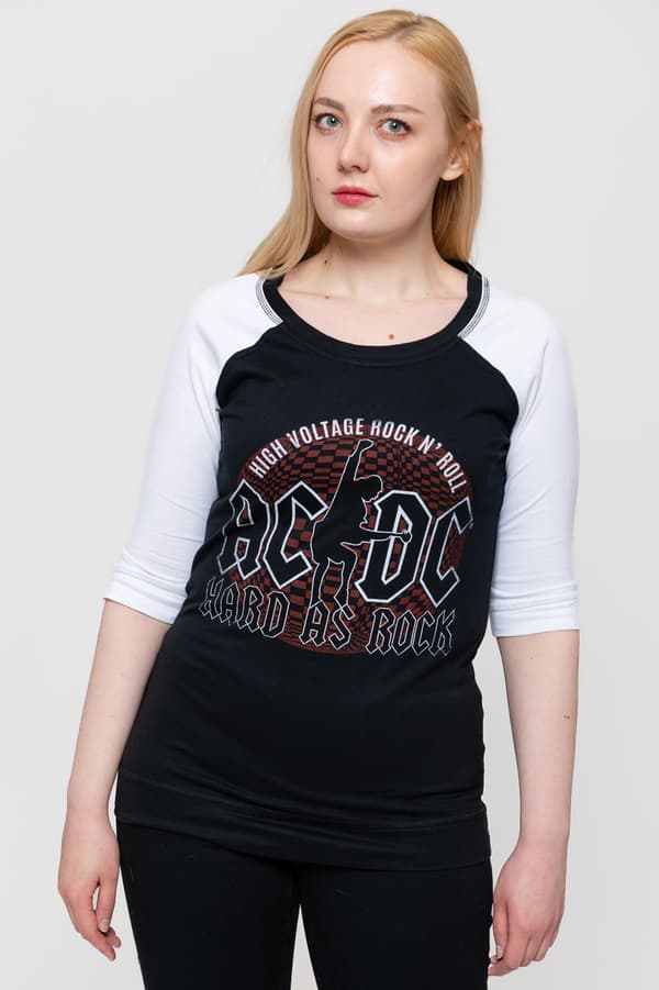 AC/DC T Shirt Hard As Rock Band Logo Official Black Raglan 3/4 Sleeve Womens