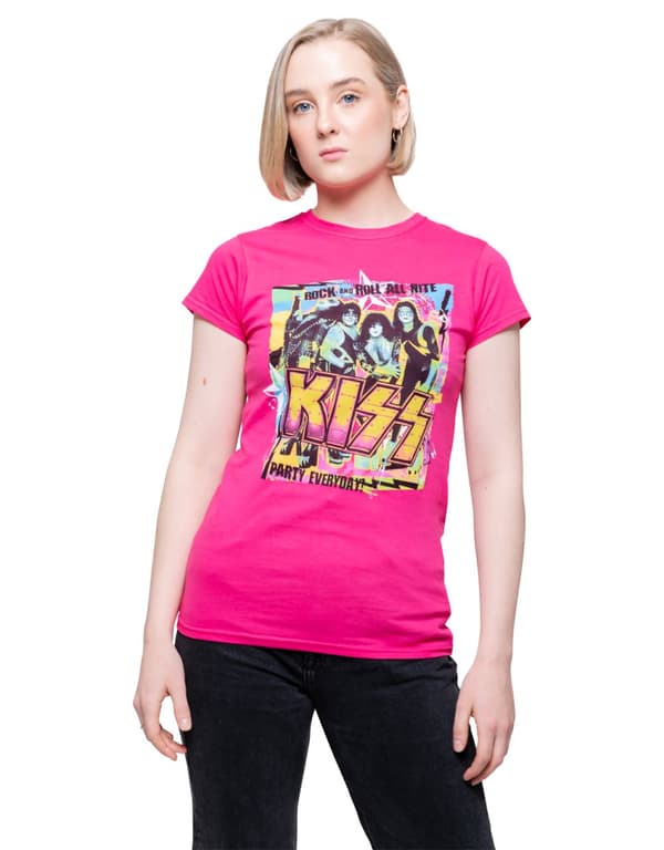 KISS T Shirt Party Every Day Official Womens Skinny Fit Heliconia Pink Pink S