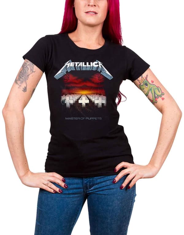 Metallica T Shirt Master Of Puppets Tracks Official Womens Skinny Fit Black