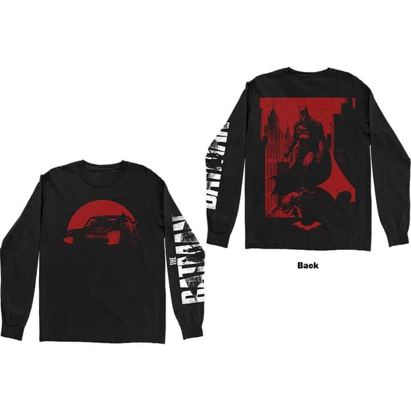 DC Comics Unisex Long Sleeved T-Shirt: The Batman Red Car & Figure (Back & Sleeve Print) (Medium)