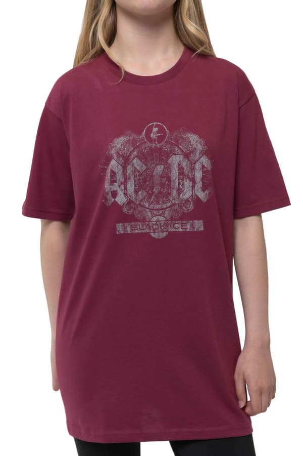 AC/DC Kids T Shirt Black Ice Band Logo Official Maroon Red Ages 3-14 Yrs