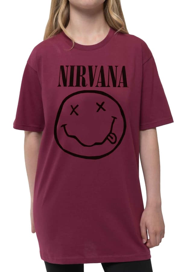 Nirvana Kids T Shirt Grey Smile Band Logo Official Maroon Red Ages 3-14 yrs