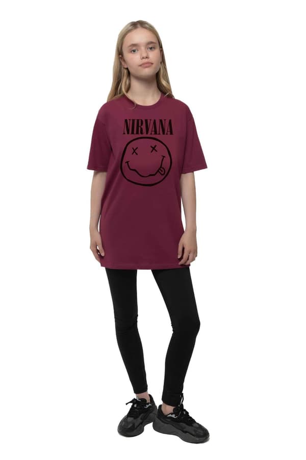 Nirvana Kids T Shirt Grey Smile Band Logo Official Maroon Red Ages 3-14 yrs