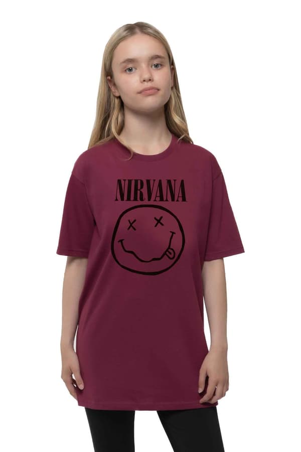 Nirvana Kids T Shirt Grey Smile Band Logo Official Maroon Red Ages 3-14 yrs