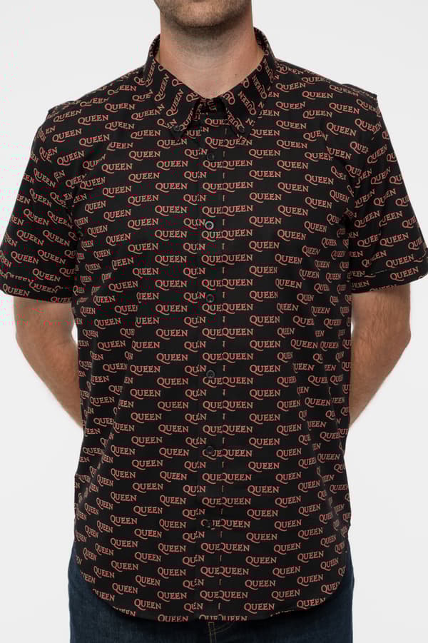 Queen Casual Shirt Logo Pattern Repeat Band Logo Official Mens Black