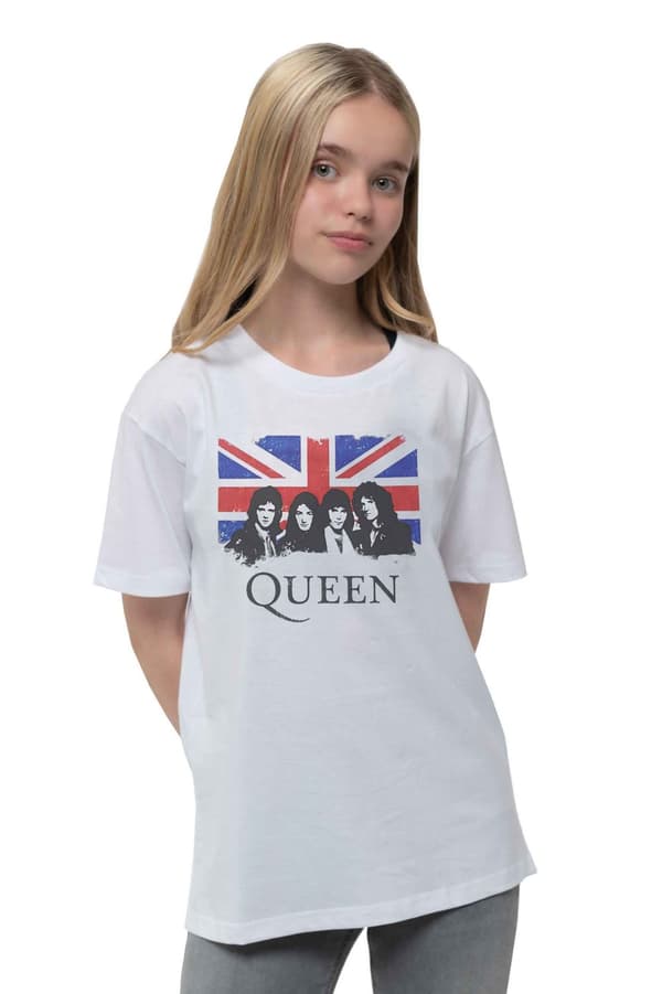 Queen Kids T Shirt Vintage Union Jack Band Logo Official White Ages 3-12 Yrs