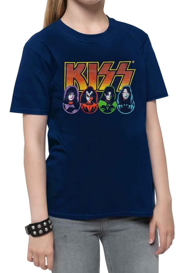 KISS Kids T Shirt Faces and Icons Band Logo Official Navy Blue Ages 3-14 Yrs
