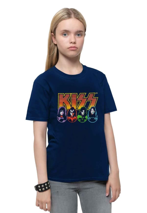 KISS Kids T Shirt Faces and Icons Band Logo Official Navy Blue Ages 3-14 Yrs