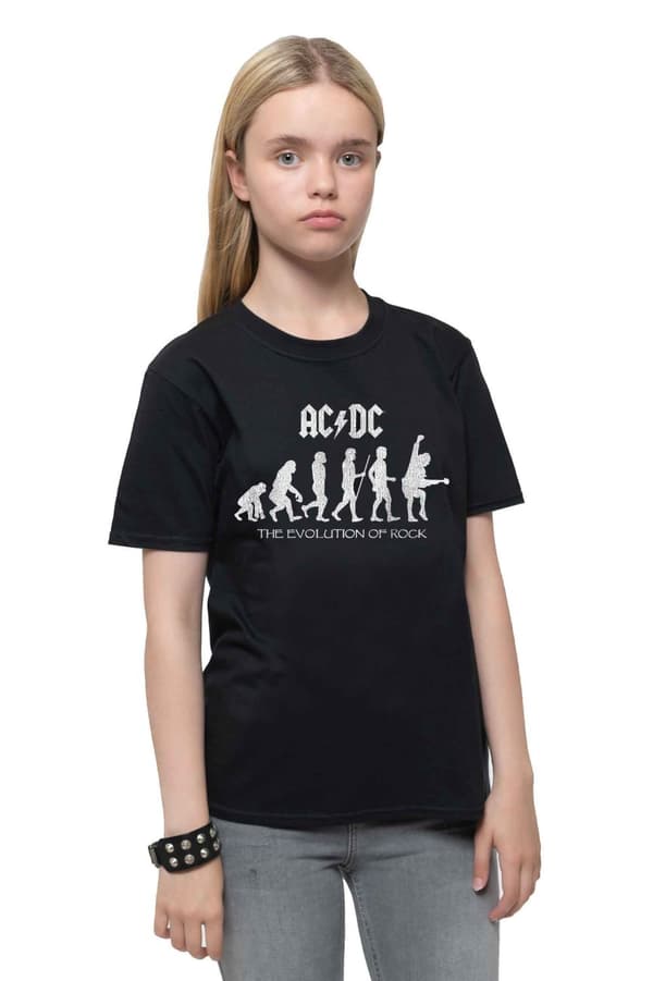 AC/DC Kids T Shirt Evolution Of Rock Band Logo Official Black Ages 5-13 yrs