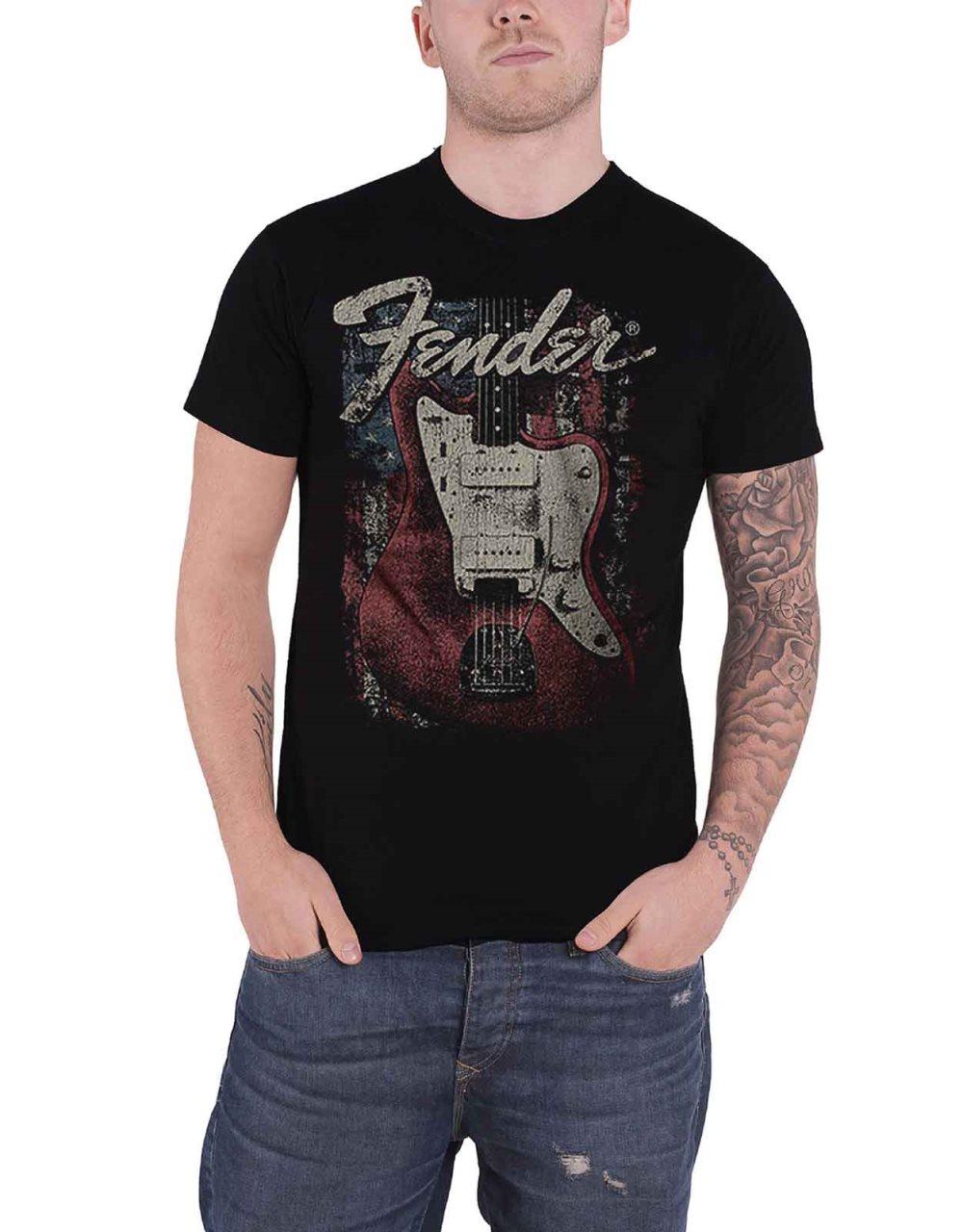 Fender T Shirt Distressed Guitar USA Flag Logo Official Mens Black