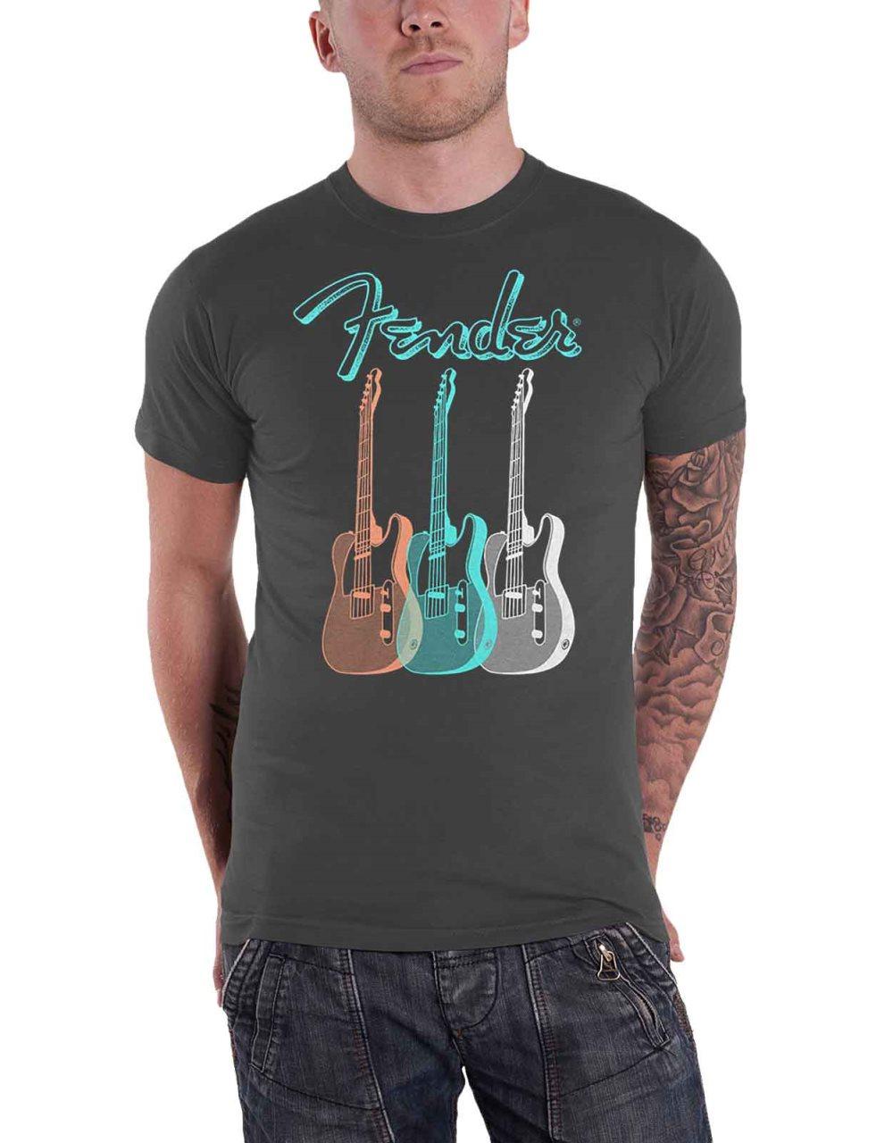 Fender T Shirt Triple Guitar Logo Official Mens Charcoal Grey