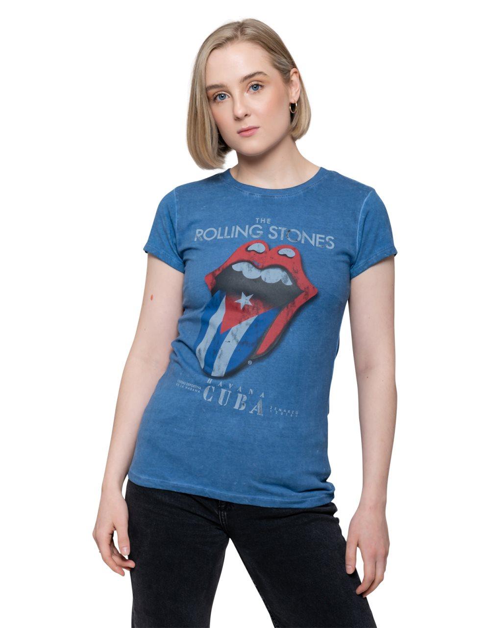 The Rolling Stones T Shirt Havana Cuba Official Womens Skinny Fit Blue Snow Wash