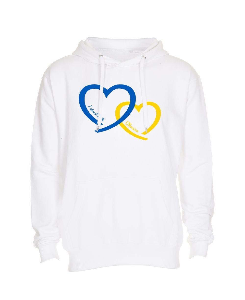 Hoodie, ukrainsk flagga, jag stöder Ukraina, hjärta, vit