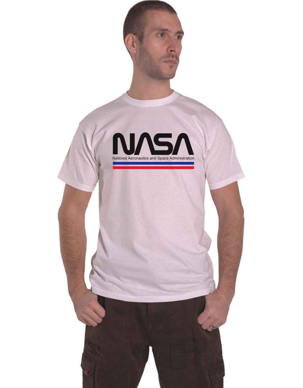 NASA T Shirt Red Blue Stripes Logo Official Mens White