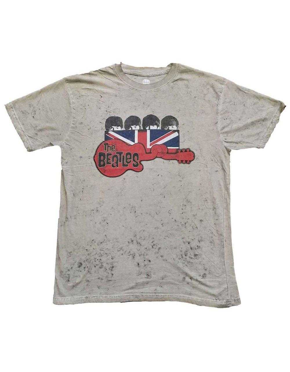 The Beatles T Shirt Guitar and Flag Band Logo Official Mens Snow Wash Sand