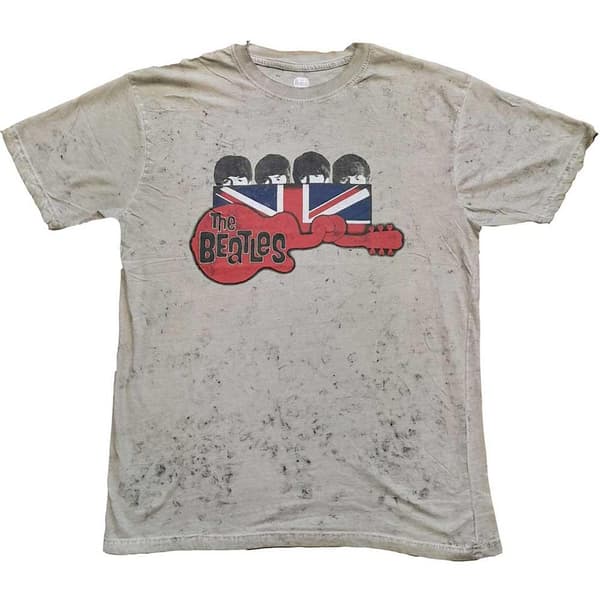 The Beatles Unisex T-Shirt: Guitar & Flag (Snow Wash) (Large)