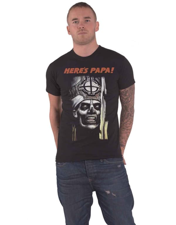 Ghost T Shirt Heres Papa Band Logo Official Mens Black Black S